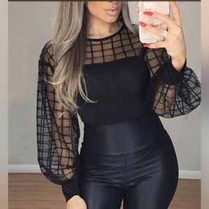 Women See-Through Mesh Patchwork Top